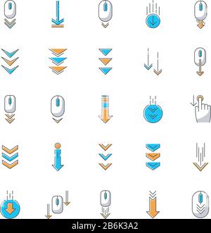 Scorrere verso il basso le icone dei colori RGB impostate. Indicatori di navigazione e download delle pagine Internet. Frecce verso il basso. Puntatore al sito Web. Cursore Web. Mouse per PC con Illustrazione Vettoriale