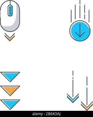 Scorrere verso il basso le icone a colori RGB impostate. Mouse per computer e frecce nei pulsanti dei cerchi. Frecce in movimento. Cursore di navigazione della pagina Web e indicatori di download Illustrazione Vettoriale