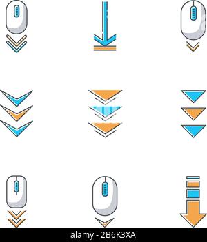 Pulsanti di scorrimento verso il basso icone colori RGB impostate. Indicatori di navigazione e download delle pagine Internet. Mouse del computer e frecce verso il basso. Cursore Web. Elementi del PC Illustrazione Vettoriale