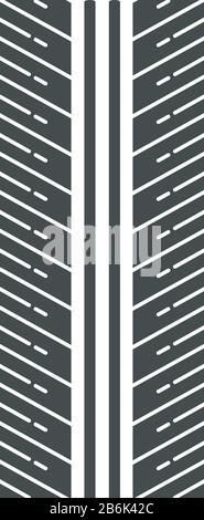 Icona glifo nero del battistrada degli pneumatici. Marchi dettagliati di pneumatici per automobili e motociclette. Traccia direzionale delle ruote per auto con scanalature sottili. Percorso pneumatici. Simbolo di silhouette Illustrazione Vettoriale
