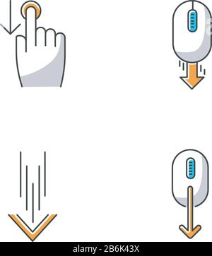 Set di icone a colori RGB a scorrimento bianco e arancione. Indicatori di scorrimento verso il basso per il touchscreen dello smartphone. Frecce pulsanti di navigazione dell'interfaccia dell'app mobile Illustrazione Vettoriale