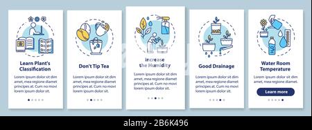 Cura per le case piante onboarding mobile pagina di app con concetti. Non mancia il tè. Percorso florovivaattraverso cinque passaggi di istruzioni grafiche. INTERFACCIA UTENTE Illustrazione Vettoriale