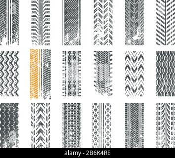 Icone glyph nere del battistrada della traccia impostate sullo spazio bianco. Marchi dettagliati di pneumatici per automobili. Auto estate e inverno ruota traccia. Pista per pneumatici in stile grunge Illustrazione Vettoriale