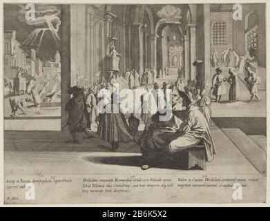 Tre episodi della vita di San Bernardino di Siena La vita di San Bernardo di Siena (titolo della serie) il santo Bernardino di Siena sorge su un pulpito e predica ad un gruppo di credenti in una chiesa. Durante il sermone appare l'anima del suo cugino morente in una nuvola nel cielo (episodio 19). Sullo sfondo a sinistra Bernardino su una piazza dove sta cercando di riformare i zondigers (episodio 21). Bernardinus destra aiuta i prigionieri (episodio 20) . Produttore : stampatore: Bernardino Capitellinaar disegno: Rutilio di Lorenzo Manetti (proprietà in elenco) Prodotto Del Luogo: Italia Data: 1635 fisico Foto Stock