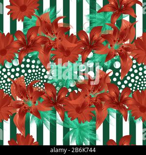 Fiori rossi e foglie verdi tropicali con sfondo geometrico. - illustrazione. Foto Stock