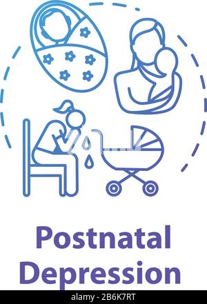 Icona del concetto di depressione postnatale. Depressione post-partum. PPD. Giovane madre stressata. Illustrazione della linea sottile dell'idea di disturbo dell'umore. Vettore isolato Illustrazione Vettoriale