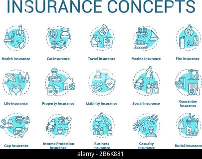 Set icone concetto di assicurazione. Protezione da perdite finanziarie. Copertura sociale. Immagine a colori RGB a linea sottile per la gestione dei rischi. Vettore isolato Illustrazione Vettoriale
