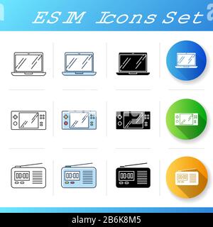 Set di icone dei dispositivi mobili. Gadget elettronici portatili. Tecnologia intelligente. Computer portatile, console per videogiochi, radio. Strumenti digitali compatti. Lineare, nero Illustrazione Vettoriale