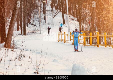 Due sciatori di fondo che si allenano su una pista da sci di fondo nella foresta Foto Stock