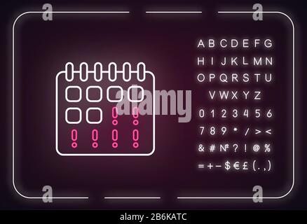 Icona della luce al neon di periodo persa. Sintomo iniziale della gravidanza. Calendario mestruale per ovulazione. Effetto incandescente esterno. Firma con alfabeto, numeri e. Illustrazione Vettoriale