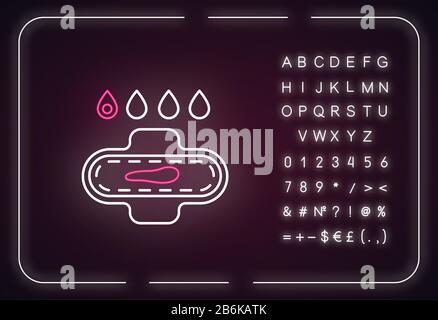 Leggera icona di luce al neon sanguinante. Sintomo iniziale della gravidanza. Ciclo mestruale. Igiene, igiene. Effetto incandescente esterno. Firma con alfabeto, numeri e. Illustrazione Vettoriale