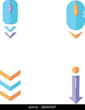 Indicatori di scorrimento disegno piatto Cartoon icone colore RGB impostato. Mouse per computer e frecce. Scorri verso il basso. Spostamento delle frecce pulsanti di navigazione Illustrazione Vettoriale