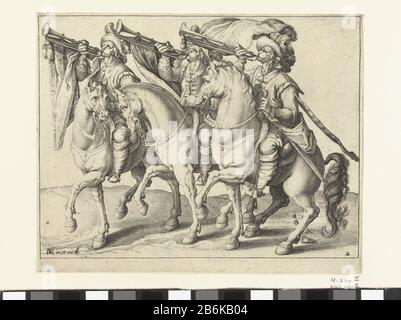 Tre trombettieri Scuola di equitazione (titolo serie) Tre uomini a cavallo, lato, a sinistra, ciascuno con una tromba alla sua bocca Dove: Appendere un banner. Questa stampa fa parte di una serie di 22 stampe numerate: Un'immagine del titolo, 20 immagini in cui sono mostrati uno o pochi piloti di diversi tipi (più corazzati), e una stampa di un ruitergevecht. Produttore : stampatore: Jacob il Gheyn (II) (officina di) stampatore: Zacharias Dolendo (possibile) progettato da Jacob il Gheyn (II) (edificio elencato) editore Claes Jansz. Visscher (II) (edificio elencato) Fabbricazione Di Posti: Printmaker: Leiden Print autore: Foto Stock