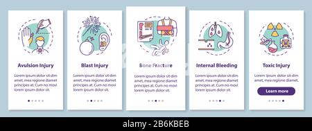 Tipi di lesioni onboarding pagina app mobile con concetti. Avulsione e esplosione, frattura e intossicazione, istruzioni grafiche in 5 fasi Illustrazione Vettoriale