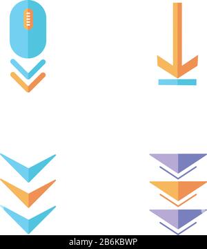 Indicatori di scorrimento verso il basso e di caricamento disegno piatto Cartoon icone colore RGB impostato. Mouse per computer e frecce. Movimento di scorrimento verso il basso. Pagina del sito Web Illustrazione Vettoriale