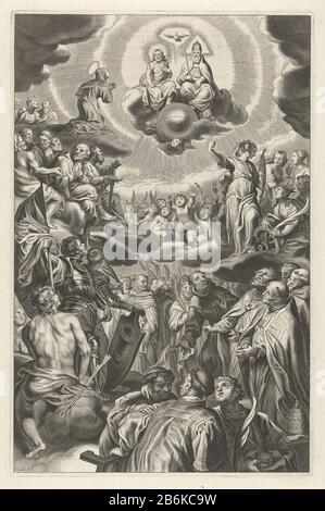 Trinità Dio Padre e Cristo seduti su una nuvola, lo Spirito Santo, nella colomba, che si aleggia tra loro. La Tre unità è circondata dal coro di angeli, e da hallow e martelaren. Produttore : stampatore: Cornelis Galle (II) (oggetto) a disegno di: Abraham of Diepenbeeck Luogo fabbricazione: Antwerpen Data: 1650 - 1653 caratteristiche Fisiche: Engra materiale: Carta Tecnica: Engra (processo di stampa) Misure: Bordo della lastra: H 301 mm × W 198 mmToelichtingIllustratie per: Missale Roman ex Decreto sacrosanti concilii Tridentini restitum. Anversa: Stabilimento ex officina Foto Stock