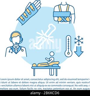 Icona del concetto di pronto soccorso per la frattura ossea con testo. Raccomandazioni per il trattamento dei traumi, PPT per la terapia delle lesioni modello vettoriale. Brochure, rivista, opuscolo Illustrazione Vettoriale