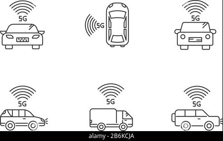 Set di icone lineari perfette per le auto intelligenti 5G. Guida autonoma. Auto a guida autonoma e intelligente. Simboli di contorno a linee sottili personalizzabili Illustrazione Vettoriale