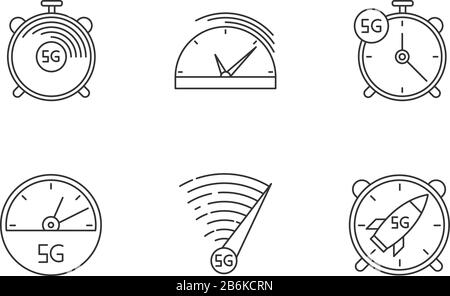 Collegamento ad alta velocità 5G pixel Perfect Linear Icons impostato. Stop-watches, tachimetro. Internet a bassa latenza. Simboli di contorno a linee sottili personalizzabili Illustrazione Vettoriale