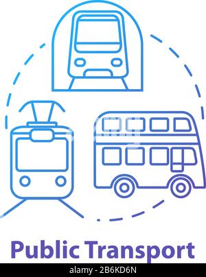 Icona del concetto di trasporto pubblico. Viaggi a prezzi accessibili, turismo idea di bilancio sottile linea illustrazione. Trasporto urbano. Metropolitana, autobus e tram Illustrazione Vettoriale