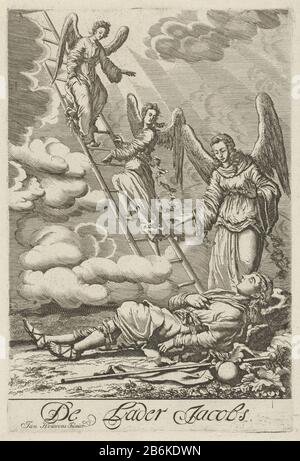 Dream Jakob il caricatore Jacobs (oggetto del titolo) Quattro angeli discendono attraverso una scala dal cielo alla prima che Giacobbe dorme (Gen. 28:12). Produttore : printmaker Jan Luyken Editore: Jan Houwensz (II) (edificio elencato) Luogo di produzione: Printmaker: Amsterdam Editore: Rotterdam Dating 1705 - 1707 caratteristiche Fisiche: Materiale di incisione: Tecnica della carta: Dimensioni di incisione: Bordo della piastra: H 314 mm × W 212 mm Oggetto: Il sogno di Jacob: Mentre dorme a terra con una pietra per il cuscino Giacobbe vede una scala che raggiunge dalla terra al cielo con angeli che vanno su e giù; Di Solito con Dio in cima Foto Stock