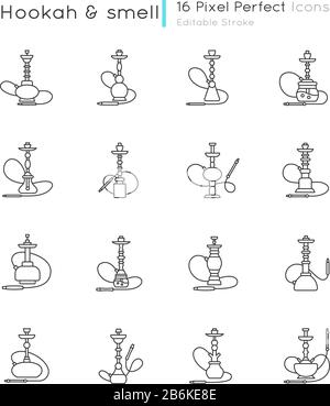 Set di icone lineari perfette per i pixel di hookah. Bar sheesha. Accessori Hooka. Opzione tabacco. Salotto Arabo. Simboli di contorno a linee sottili personalizzabili. Isolato Illustrazione Vettoriale