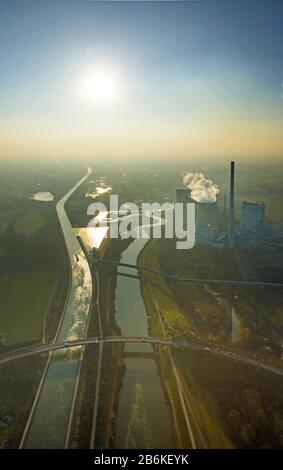 , centrale elettrica Gersteinwerk presso il fiume Lippe a Werne-Stockum, vista aerea, Germania, Renania settentrionale-Vestfalia, zona della Ruhr, Werne Foto Stock