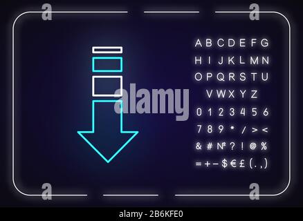 Icona della luce al neon con freccia verso il basso. Navigazione in Internet, puntatore al sito Web. Indicatore di direzione. Effetto incandescente esterno. Firma con alfabeto, numeri e. Illustrazione Vettoriale