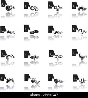 Profumo odore naso goccia ombra nero glyph icone set. Odore buono e cattivo. Flusso di evaporazione. Liquido, profumo piacevole odore. Fragranza aromatica. I fumi si vorticano Illustrazione Vettoriale