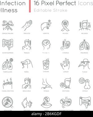 Set di icone lineari perfette per le malattie infettive. Diverse infezioni pandemiche, malattie contagiose simboli di contorno a linee sottili personalizzabili Illustrazione Vettoriale