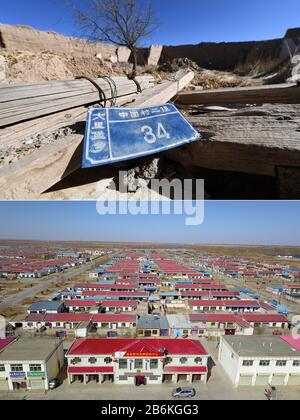 (200311) -- GULANG, 11 marzo 2020 (Xinhua) -- la foto Di Combinazione mostra la vecchia apparenza del villaggio di Zhongtuan nella contea di Gulang, il 18 febbraio 2017 (su) ed il nuovo villaggio nell'area di migrazione ecologica di Huanghuatan nella contea di Gulang, il 10 marzo 2020 (giù), nella provincia di Gansu della Cina nord-occidentale. La contea di Gulang, situata ai piedi delle montagne Qilian, è un'area povera. Dal 2013, il governo locale ha spostato decine di villaggi amministrativi nelle montagne povere del sud verso l'area di migrazione ecologica di Huanghuatan attraverso l'attuazione delle delocalizzazioni programmate delle popolazioni povere Foto Stock