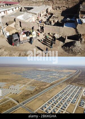 (200311) -- GULANG, 11 marzo 2020 (Xinhua) -- la foto Di Combinazione mostra la vecchia apparizione di Shicheng Village, Huangyangchuan Town, Gulang County, il 6 febbraio 2018 (su) e l'area di migrazione ecologica Huanghuatan nella contea di Gulang, il 10 marzo 2020 (giù), nella provincia di Gansu della Cina nord-occidentale. La contea di Gulang, situata ai piedi delle montagne Qilian, è un'area povera. Dal 2013, il governo locale ha spostato decine di villaggi amministrativi nelle montagne povere del sud nella zona di migrazione ecologica di Huanghuatan attraverso l'attuazione delle delocalizzazioni programmate della povera popolatio Foto Stock