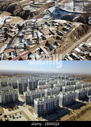 (200311) -- GULANG, 11 marzo 2020 (Xinhua) -- la foto Di Combinazione mostra la vecchia apparizione di Shicheng Village, Huangyangchuan Town, Gulang County, il 6 febbraio 2018 (su) e l'area di migrazione ecologica Huanghuatan nella contea di Gulang, il 10 marzo 2020 (giù), nella provincia di Gansu della Cina nord-occidentale. La contea di Gulang, situata ai piedi delle montagne Qilian, è un'area povera. Dal 2013, il governo locale ha spostato decine di villaggi amministrativi nelle montagne povere del sud verso l'area di migrazione ecologica di Huanghuatan attraverso l'attuazione delle delocalizzazioni programmate di popolazione povera Foto Stock