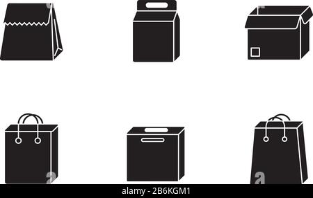 Pacchetti alimentari carta icone glifo nero impostate sullo spazio bianco. Scatole di cartone, borse per prodotti, pasti. Contenitori monouso per pranzo, alimentari Illustrazione Vettoriale