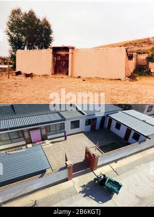 (200311) -- GULANG, 11 marzo 2020 (Xinhua) -- La foto combinata mostra la vecchia casa di li Yingchuan, un abitante del villaggio di Hengliang nella contea di Gulang (su) e la nuova casa di li Yingchuan nel nuovo villaggio di Fumin, area di migrazione ecologica di Huanghuatan, il 10 marzo 2020 (giù), nella provincia di Gansu nella Cina nord-occidentale. La contea di Gulang, situata ai piedi delle montagne Qilian, è un'area povera. Dal 2013, il governo locale ha spostato decine di villaggi amministrativi nelle montagne povere del sud nella zona di migrazione ecologica Huanghuatan attraverso l'attuazione delle delocalizzazioni previste o Foto Stock