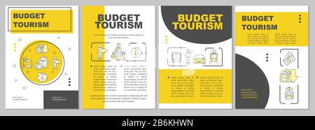 Modello di brochure di viaggio per il budget. Tour a buon mercato. Viaggio economico. Volantino, opuscolo, stampa dépliant, copertina con icone lineari. Layout vettoriali per Illustrazione Vettoriale