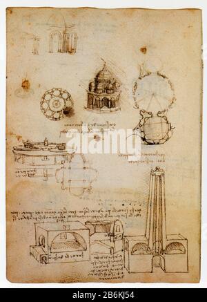 Leonardo da Vinci. Studi di chiese a pianta centrale, di forni di riverbero e di uno "strumento sferico" utilizzato per fabbricare specchi a fuoco Foto Stock