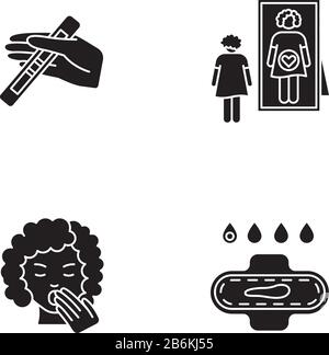 Sintomo di gravidanza iniziale icone glyph nero impostate sullo spazio bianco. Test positivo per donna in gravidanza. Sensazione intuitiva di prendersi cura del bambino. Lieve sanguinamento Illustrazione Vettoriale