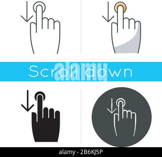 Icona del dito a scorrimento verso il basso. Movimento di scorrimento verso il basso per il touch screen dello smartphone. Pulsante freccia verso il basso e a mano. Cursore del computer. Nero lineare e RGB Illustrazione Vettoriale