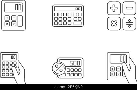 Calcolatrici tascabili pixel Perfect linear Icons set. Calcolo matematico. Conteggio rapido. Contabilità. Simboli di contorno a linee sottili personalizzabili Illustrazione Vettoriale