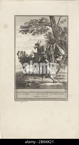 Una capra, una pecora e un maiale si permettono di essere trasportati in un carro trainato da un cavallo. Oltre alla macchina è un uomo con una frusta. Illustrazione di Fabel CLIV, le Cochon, la Chèvre et le Mouton. Produttore : stampatore: Reinier Vinkeles (i) (edificio elencato) Luogo di fabbricazione: Amsterdam Data: 1772 caratteristiche Fisiche: Acquaforte materiale: Carta Tecnica: Acquaforte dimensioni: Foglio: H 216 mm × W 123 mmToelichtingPrent Dove: Apparentemente utilizzato come illustrazione in una o più edizioni di la Fontaine, Jean de. Favole choisies. Amsterdam: J. van Gulik, 1802. Oggetto: Veicolo a due ruote di capra disegnato da Foto Stock