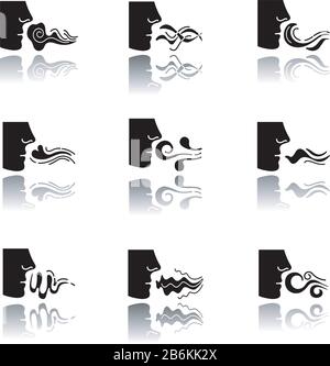 Profumo odore naso goccia ombra nero glyph icone set. Persona che sniffing buon e cattivo odore. Puzzolente puzzolente. Flusso di evaporazione. I fumi si vorticano. Isolato Illustrazione Vettoriale