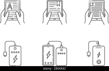 Dispositivi elettronici portatili pixel Perfect linear Icons set. Power bank portatile. Mani che tengono e-reader. Simboli di contorno a linee sottili personalizzabili Illustrazione Vettoriale