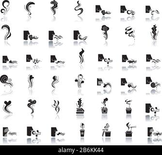 Set di icone glyph nero ombra goccia odore. Vapore alimentare caldo. Profumo odore di naso umano. Forma del flusso di evaporazione. Fragranza aromatica, fluida. Smog, fumo Illustrazione Vettoriale