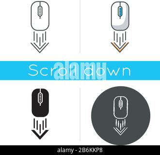 Scorrere verso il basso l'icona del mouse del computer. Freccia di navigazione della pagina Internet. Indicatore di movimento a scorrimento verso il basso. Puntatore al sito Web. Cursore Web. Nero lineare e RGB Illustrazione Vettoriale