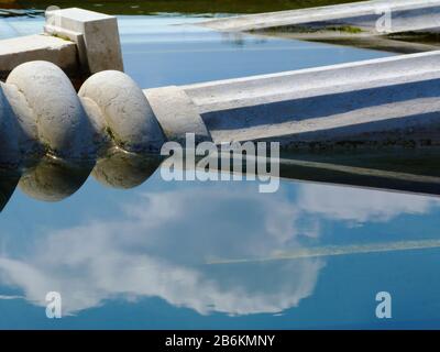 pietra bianca scolpita stile antico dettaglio architettonico di ordine colonna fregio. caduto, in parte sommerso in acqua piscina. decorativo classico dettaglio Foto Stock