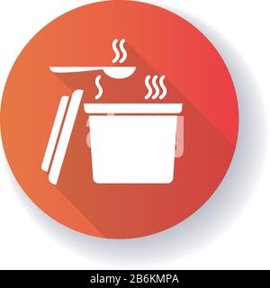 Takeout contenitore di cibo caldo rosso piatto design lungo ombra glifo icona. Confezione di zuppe da asporto con cucchiaio. Fast food, pasti veloci e veloci Illustrazione Vettoriale