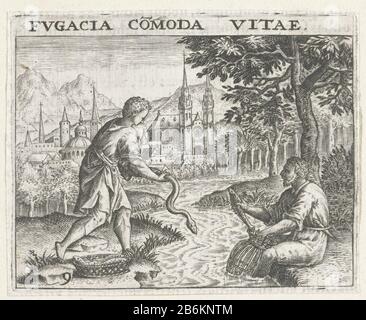 Un pescatore cattura un serpente FUGACIA cómoda VITAE (oggetto del titolo) Denis Lebey il Batilly, Emblemata, 1596 (titolo della serie) Due pescatori siedono sulla riva di un fiume. Il giudice prende un pesce da una trappola. La mano sinistra tiene un serpente nelle sue mani. Accanto a lui c'è un cesto di pesce. Nell'esterno è una città con una grande cattedrale a zien. Produttore : stampatore: Theodor de Brynaar disegno di Jean Jacques Boissarduitgever: Theodor de Bryschrijver Denis Lebey il BatillyPlats fabbricazione: Francoforte Data: 1596 caratteristiche Fisiche: Materiale per auto: Tecnica della carta: Engra (processo di stampa) dimensioni: Foglio: H Foto Stock