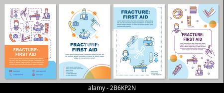 Modello di brochure per il pronto soccorso alle fratture ossee, immobilizzazione e bendaggio. Volantino, opuscolo, stampa dépliant, copertina con icone lineari. Layout vettoriali Illustrazione Vettoriale