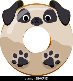 Cute pug cane ciambella isolato su bianco vettore illustrazione. Carino personaggio cartone animato. Illustrazione Vettoriale